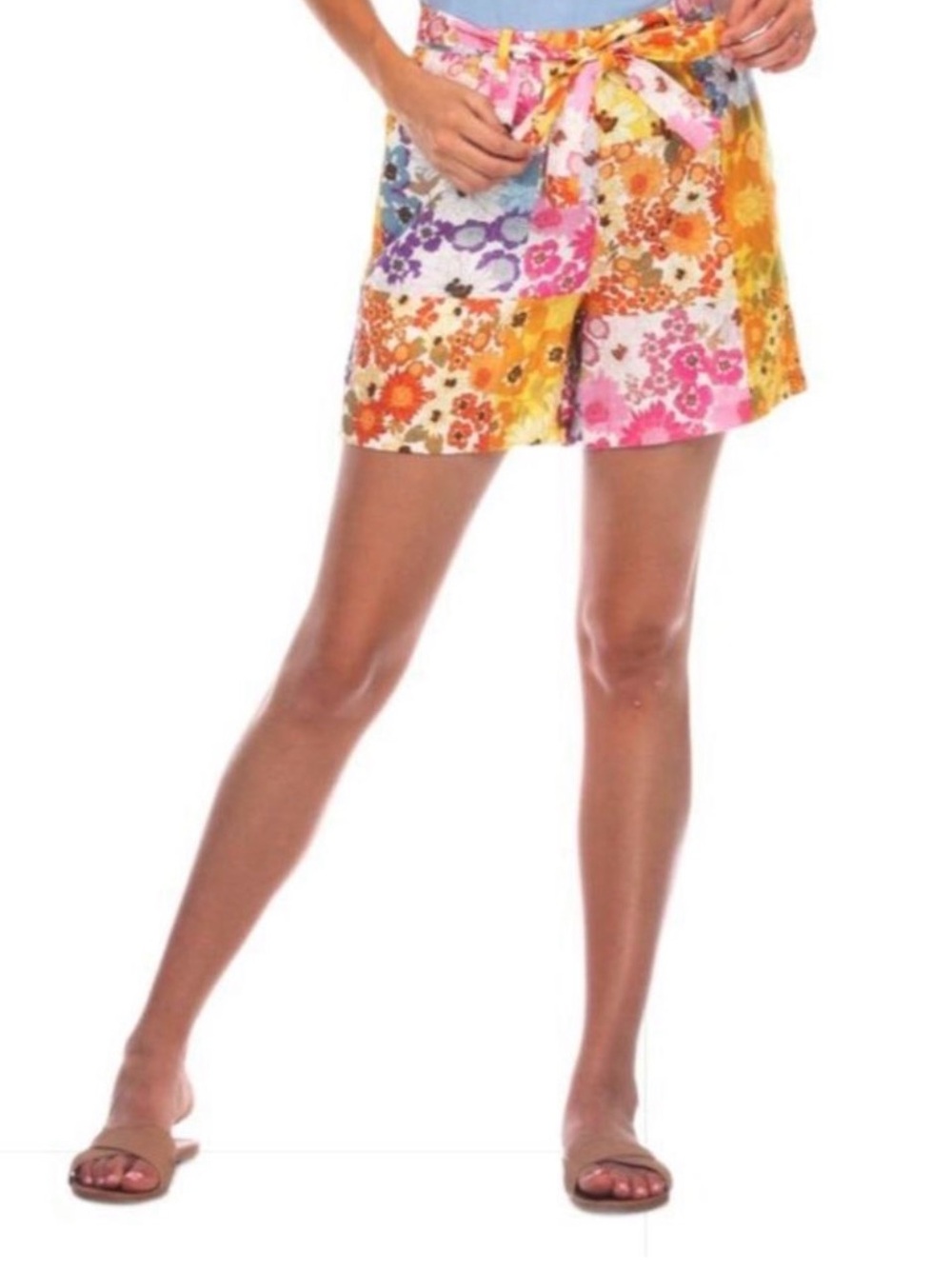 Johnny Was Sherrie Easy Yellow Multi Floral Patchwork Tie-Waist Linen Shorts